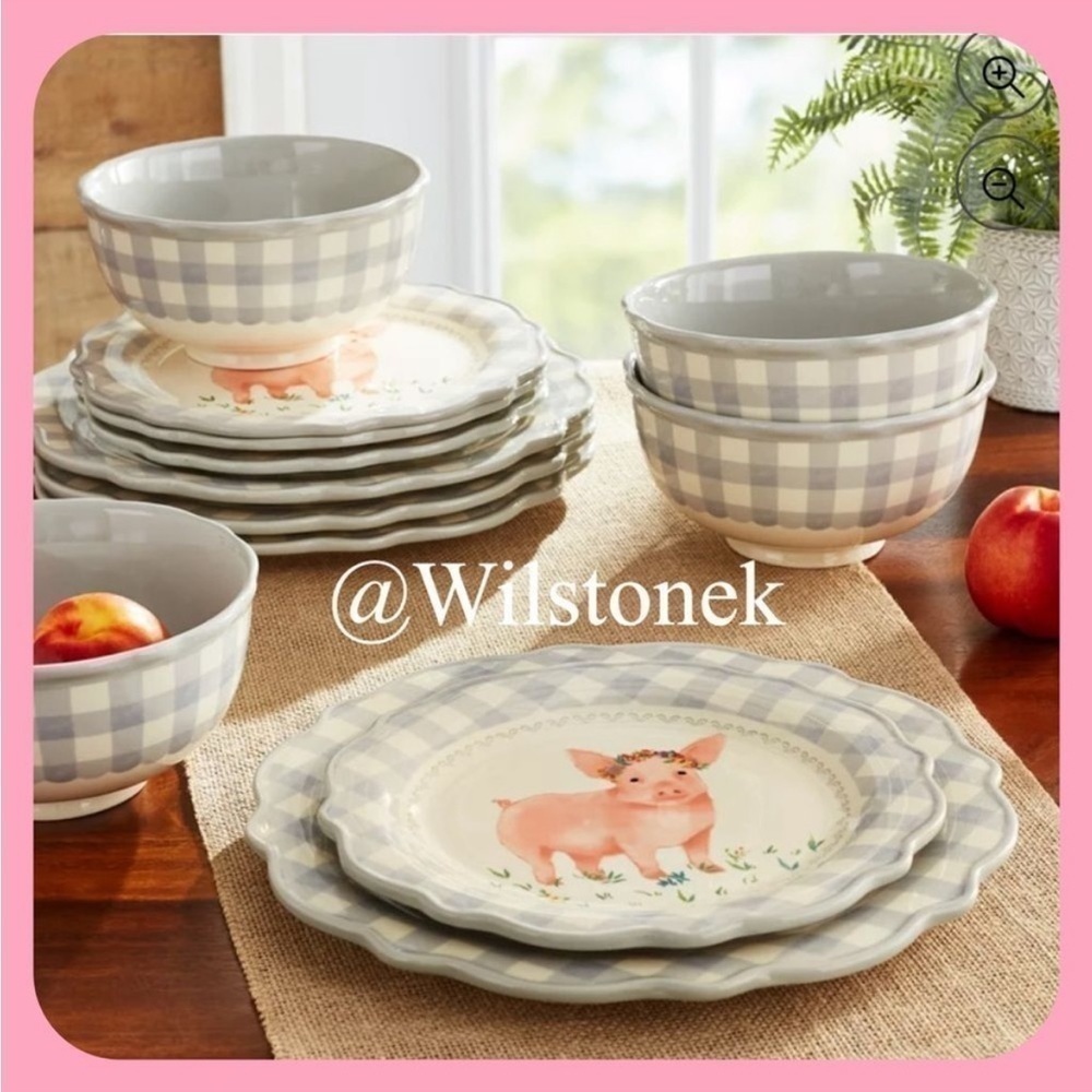 The Pioneer Woman Gingham Check Pink Pig 12-Piece Dinnerware Set, Gray:
